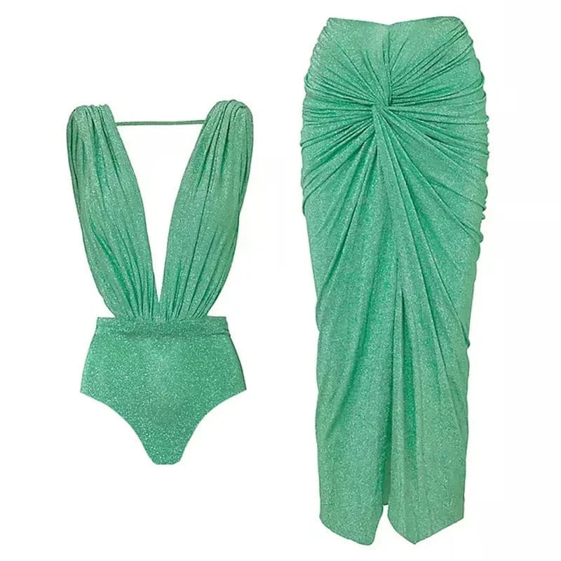 Maillot de bain vert brillant, ensemble bikini taille haute avec jupe drapée élégante.