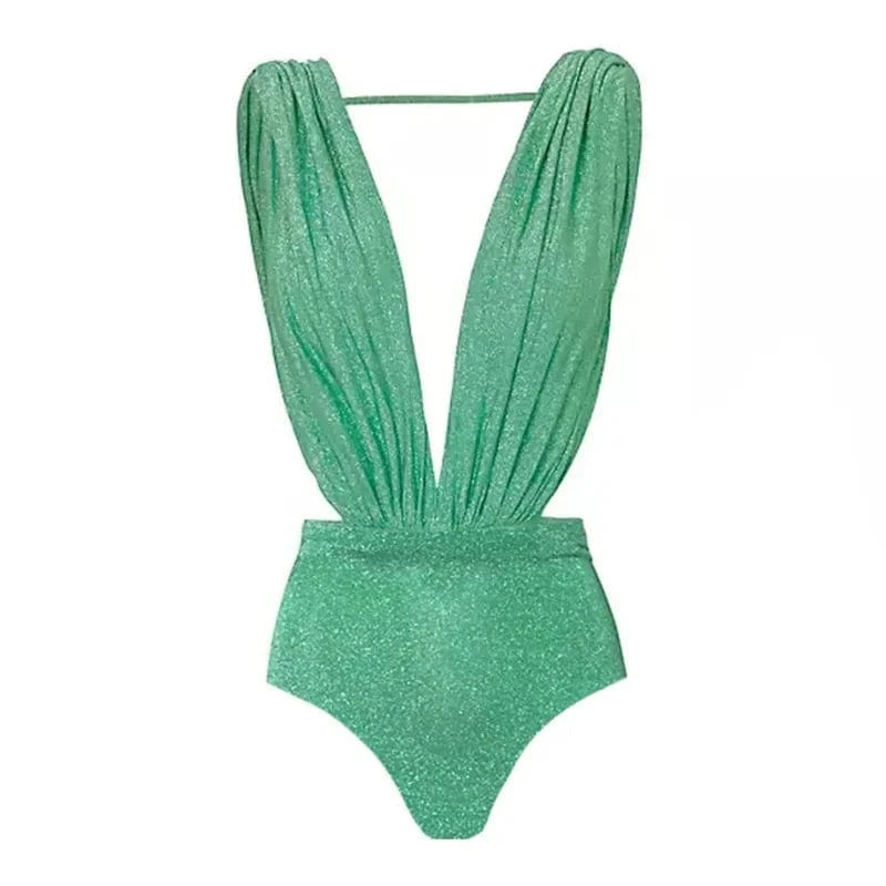 Maillot de bain une pièce vert émeraude brillant avec découpe élégante et taille haute.
