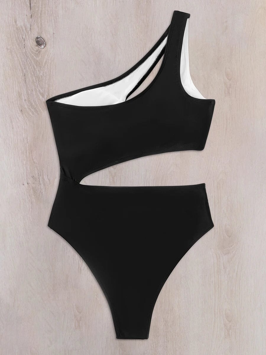 Maillot de bain une pièce noir, design asymétrique élégant pour un look moderne et raffiné.