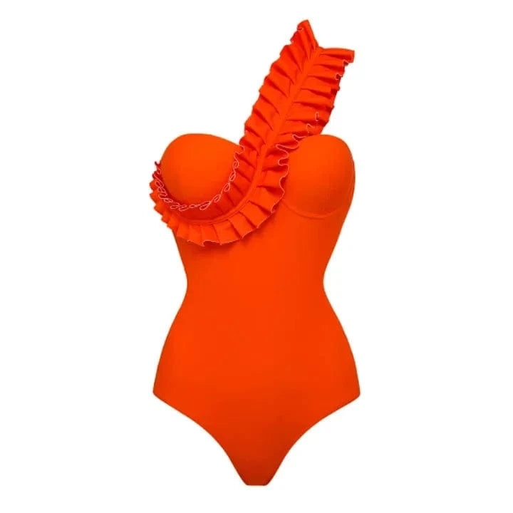 Maillot de bain une pièce femme, asymétrique et vibrant orange avec volant élégant.