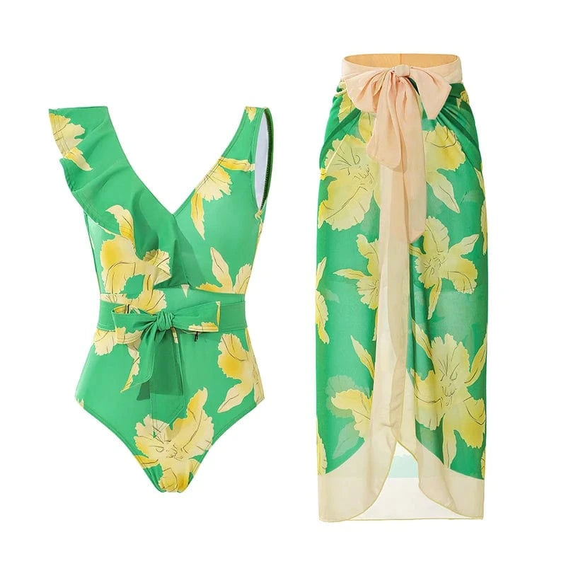 Maillot de bain vert une pièce à motif floral jaune avec paréo assorti élégant pour l'été.