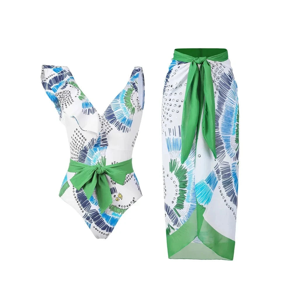 Maillot de bain une pièce imprimé abstrait bleu et vert avec paréo assorti élégant et moderne.