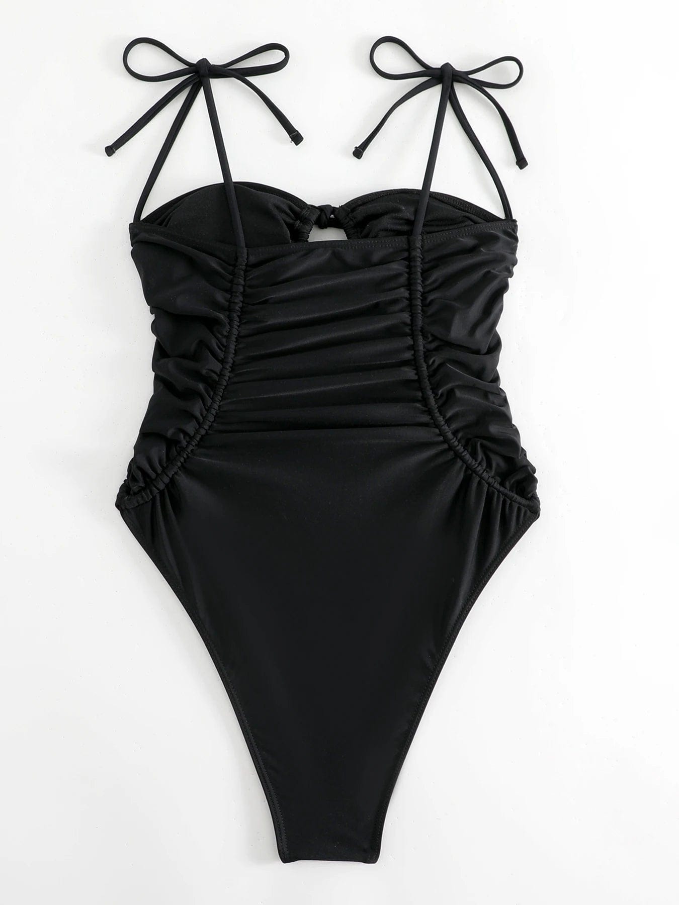 Maillot de bain une pièce bandeau noir avec bretelles et fronces élégantes pour un style chic.