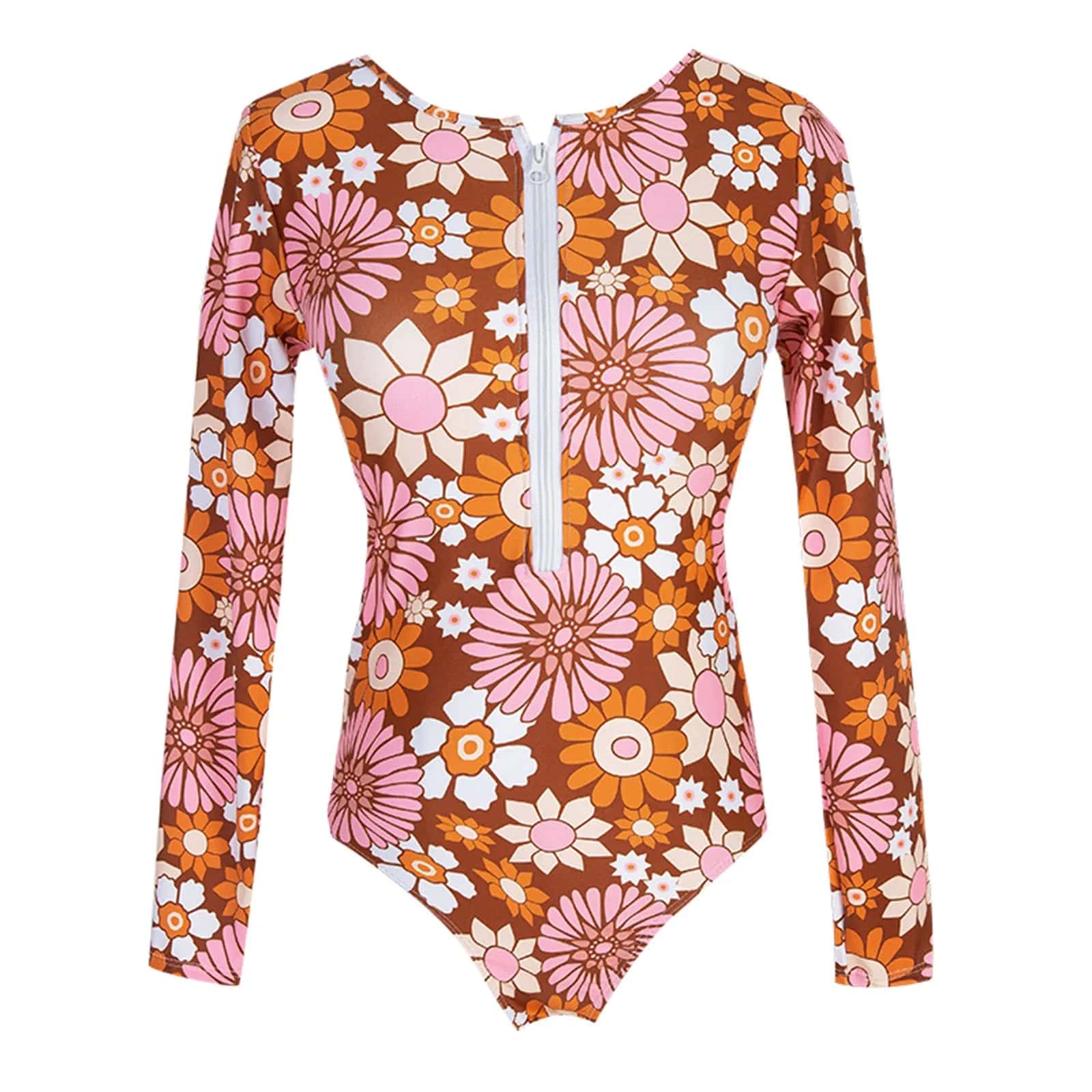 Maillot de bain une pièce fleuri aux manches longues et couleurs vives, idéal pour l'été.