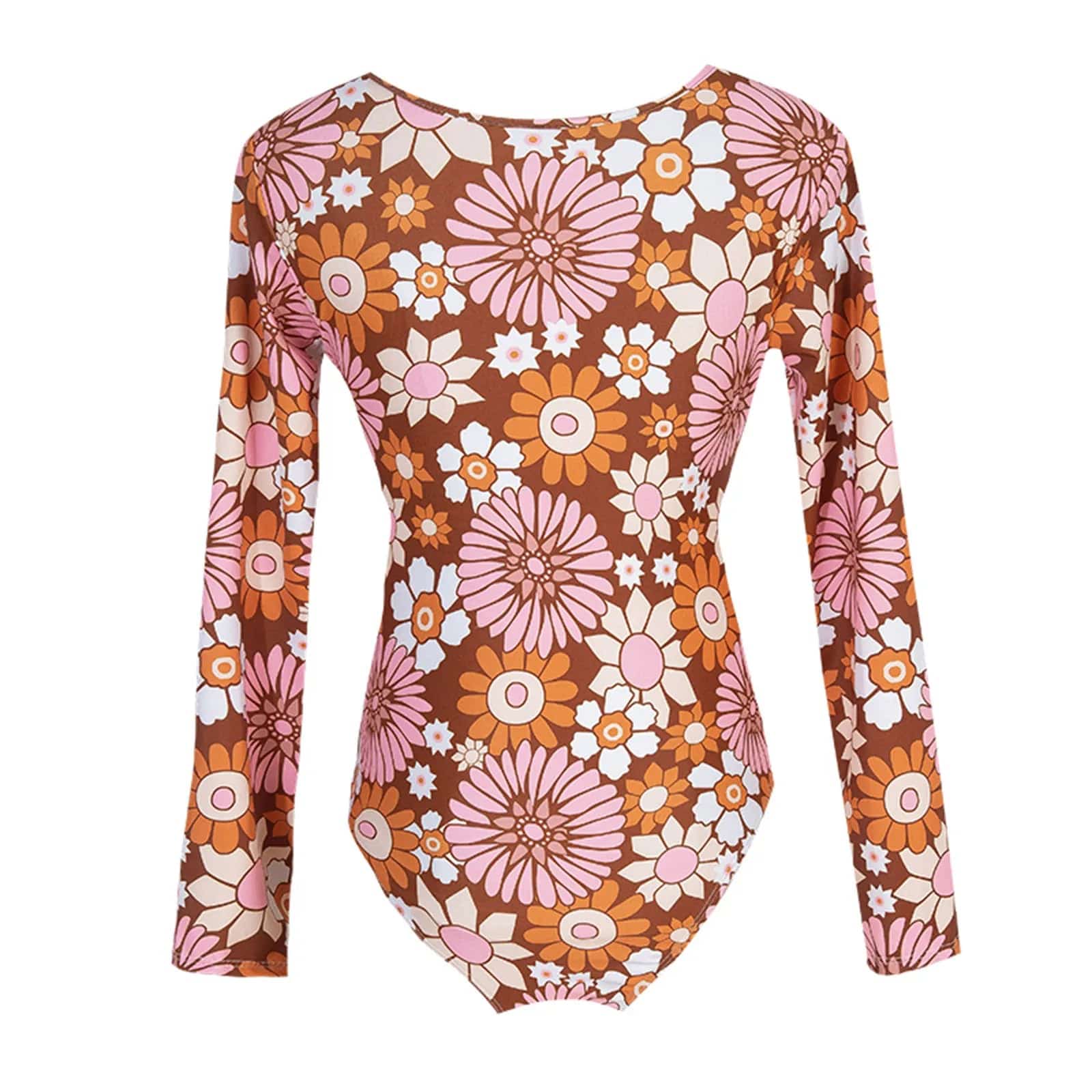 Maillot de bain une pièce à manches longues motif fleuri rétro, élégant et coloré pour l’été.