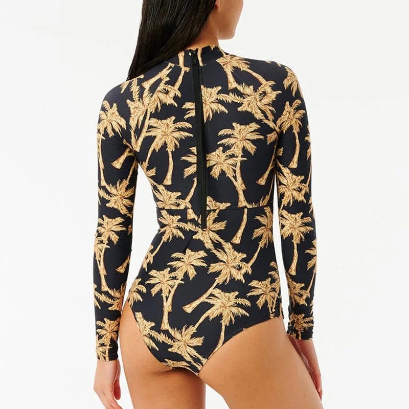 Maillot de bain femme une pièce à manches longues, motif palmiers, élégant et confortable.