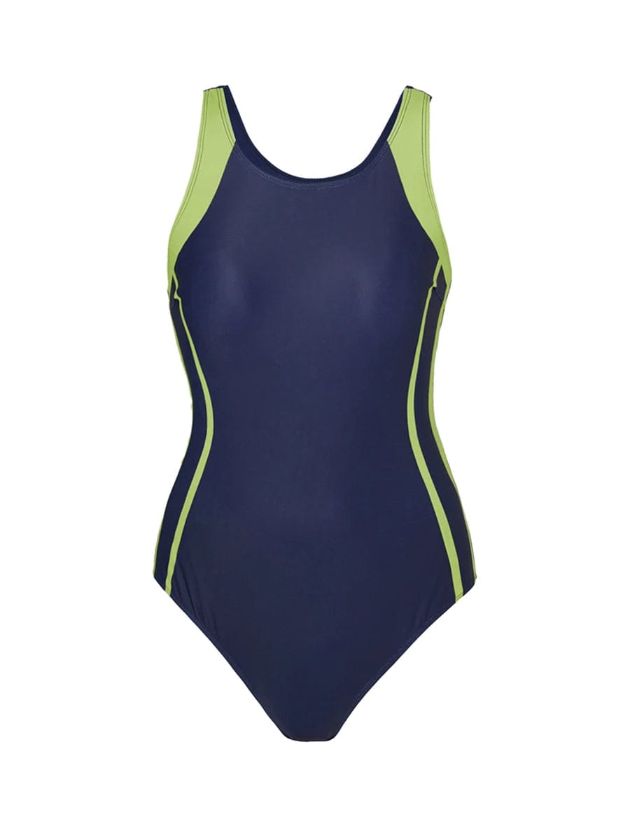Maillot de bain une pièce bleu et vert avec design patchwork élégant pour femme sportive.