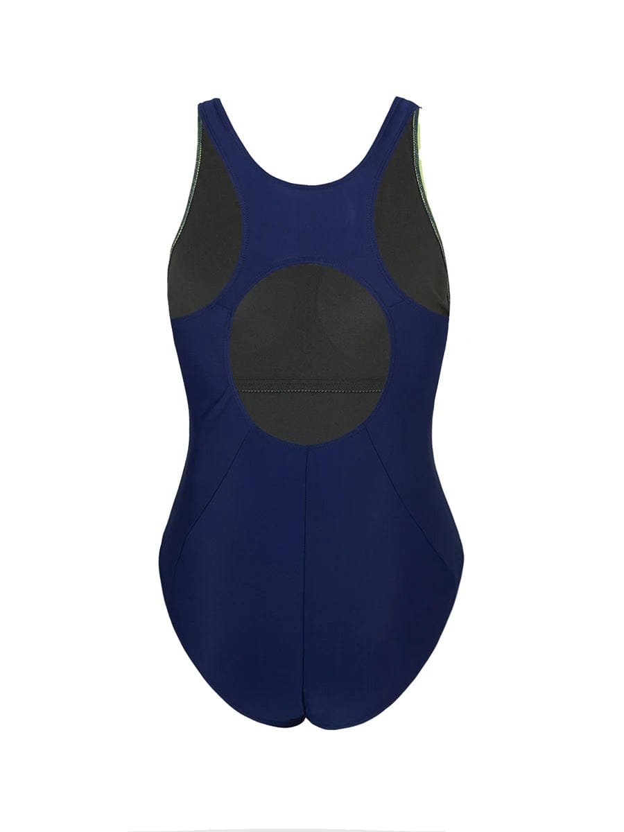 Maillot de bain une pièce femme, design patchwork bleu et noir élégant, idéal pour l'été.