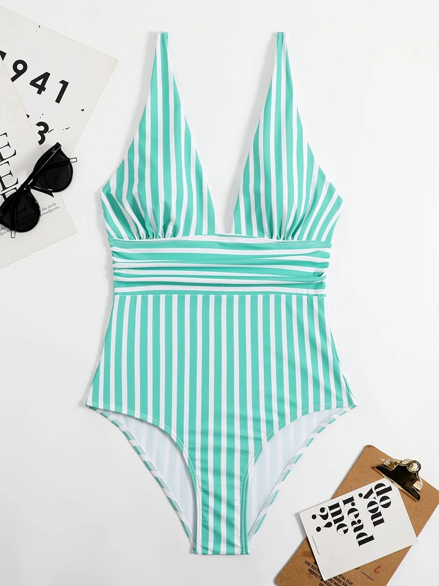 Maillot de bain une pièce rayé vert et blanc, design moderne avec fines bretelles élégantes.