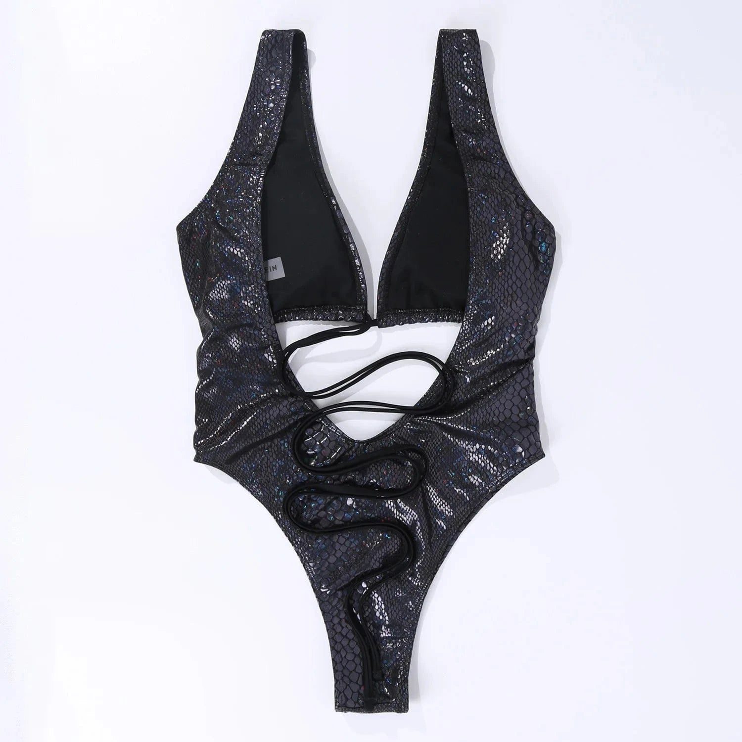 Maillot de bain une pièce noir irisé élégant et tendance avec découpes échancrées et motifs reptile.