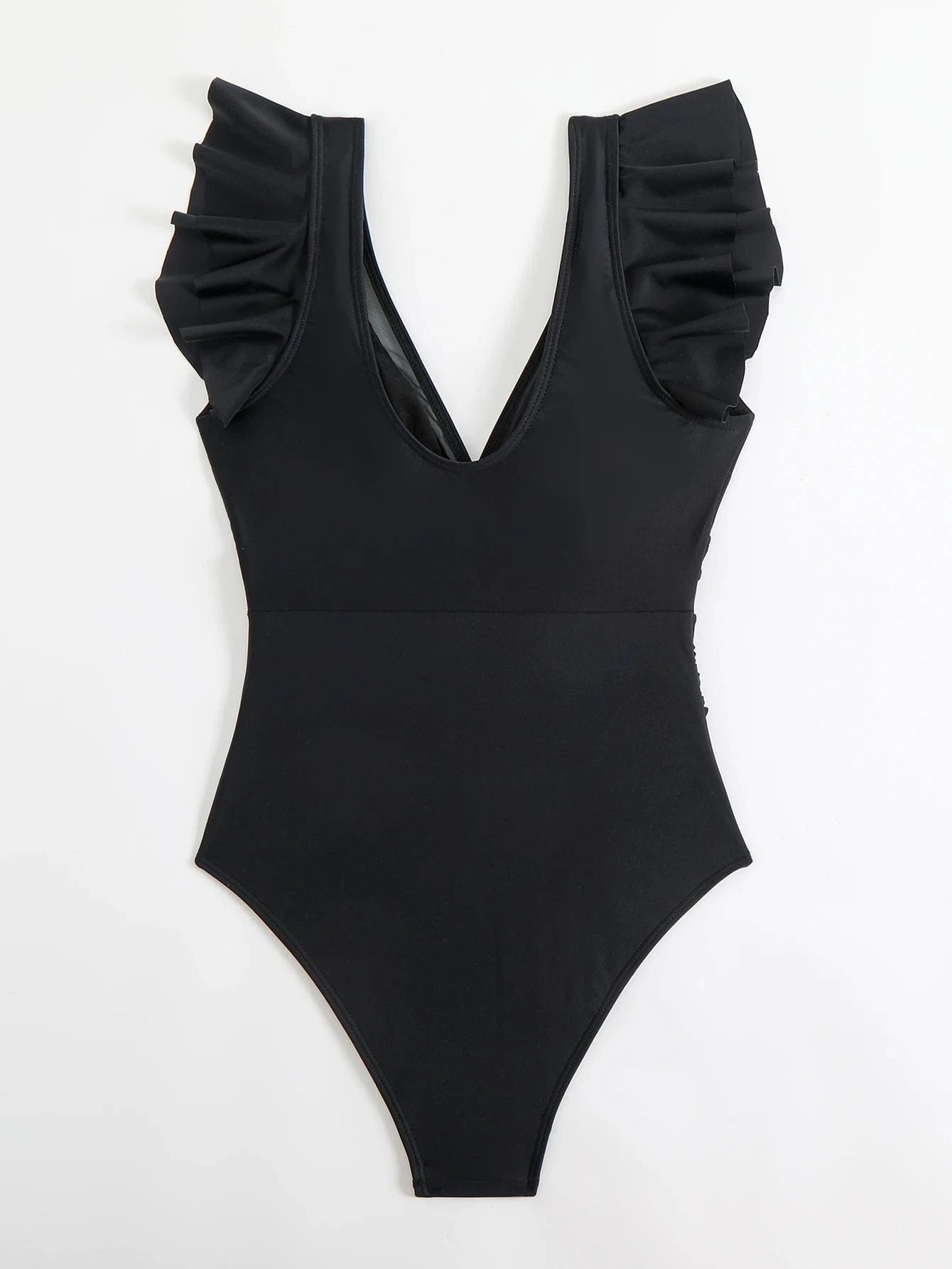 Maillot de bain noir 1 pièce pour femme avec volants élégants aux épaules, style chic et moderne.