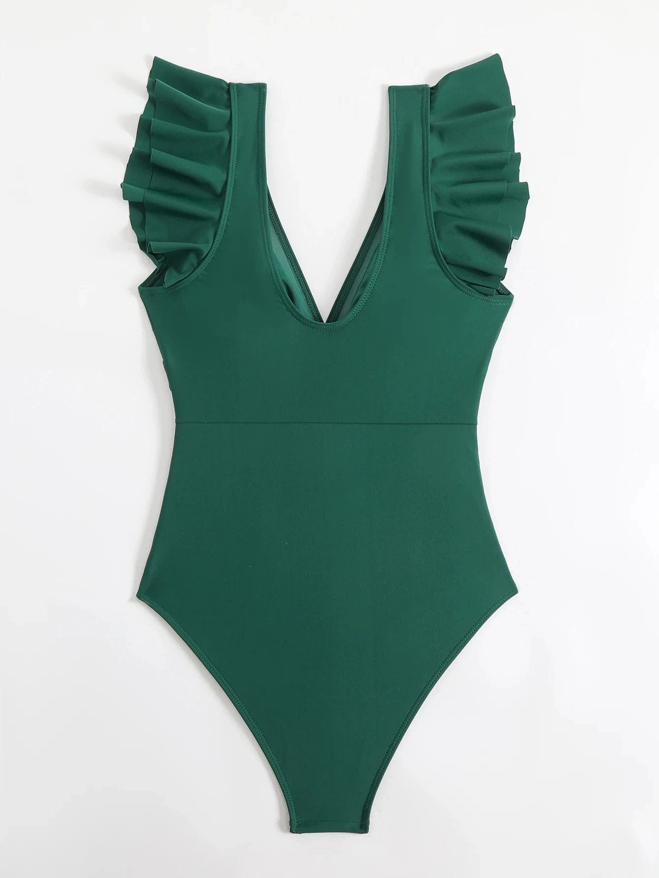Maillot de bain une pièce vert avec volants élégants sur les épaules pour femme.