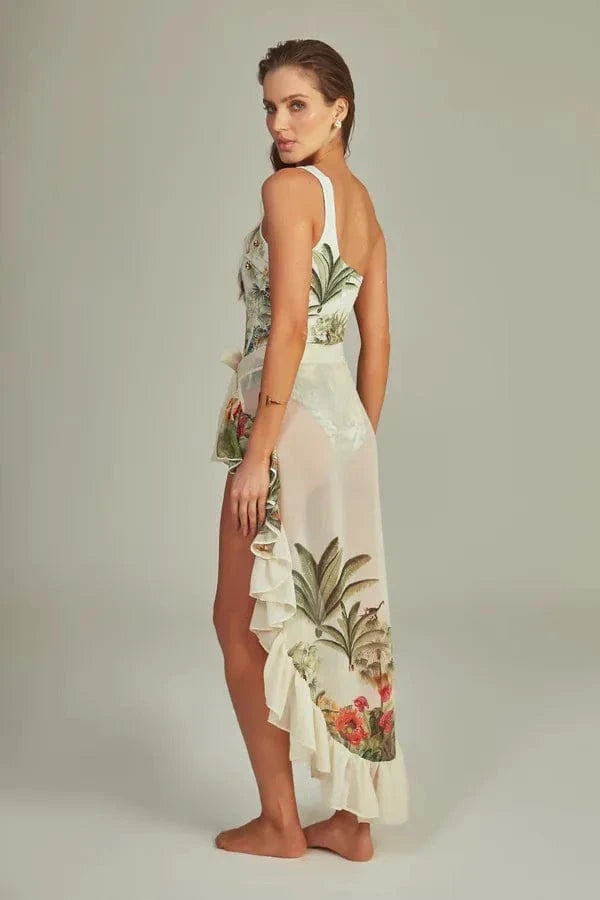 Maillot de bain une pièce tropical avec motifs floraux et feuillages, idéal pour l'été.