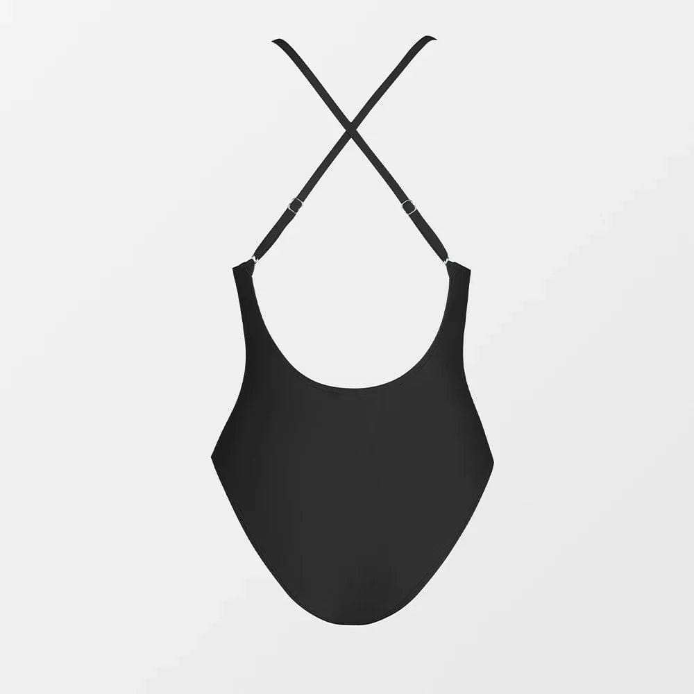 Maillot de bain une pièce noir pour femme avec dos plongeant et bretelles croisées élégantes.