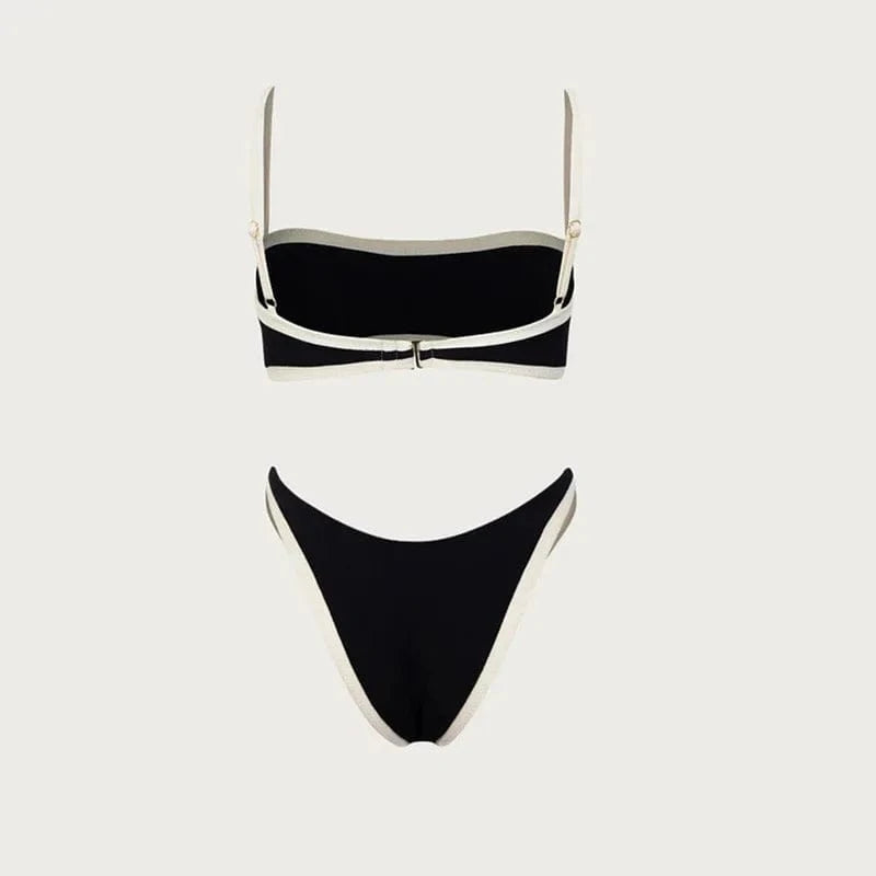 Maillot de bain élégant deux pièces noir avec bordure blanche, style bandeau pour femme.