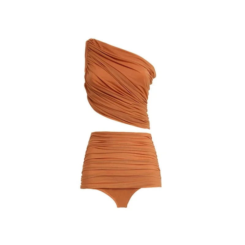 Maillot de bain femme moderne asymétrique taille haute, couleur terre cuite élégante et tendance.