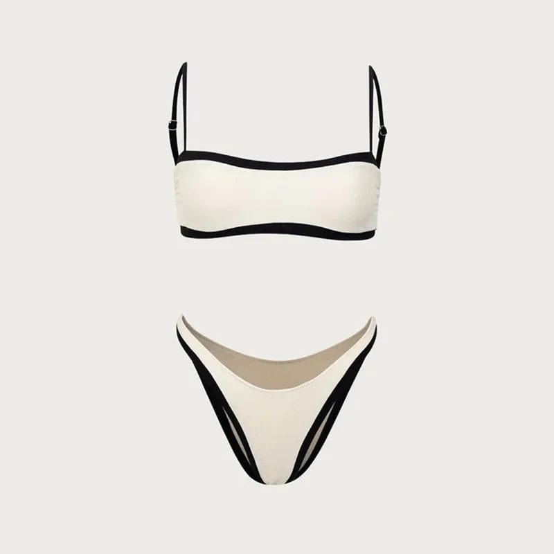 Maillot de bain bikini femme élégant blanc à bords noirs avec bretelles réglables, tendance.