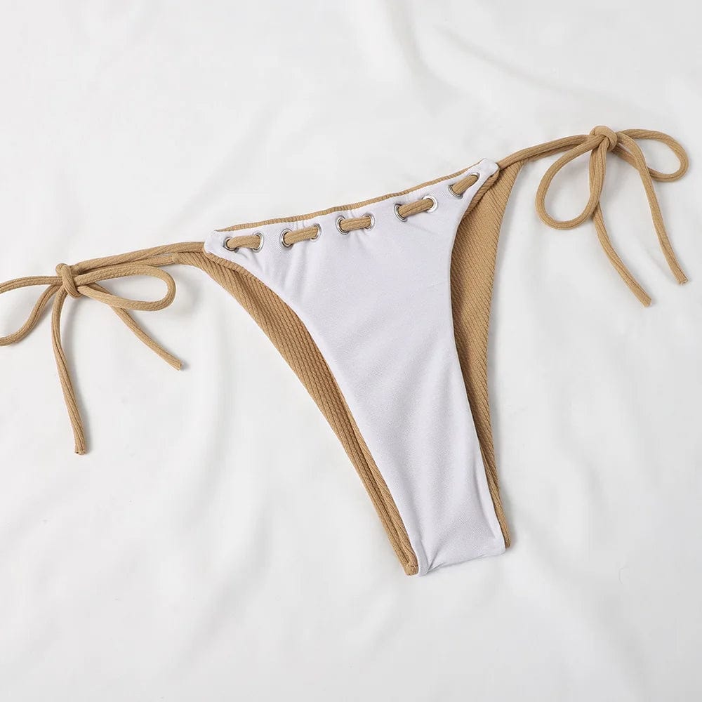 Maillot de bain bikini ficelle pour femme, uni, élégant avec liens à nouer beige et blanc.