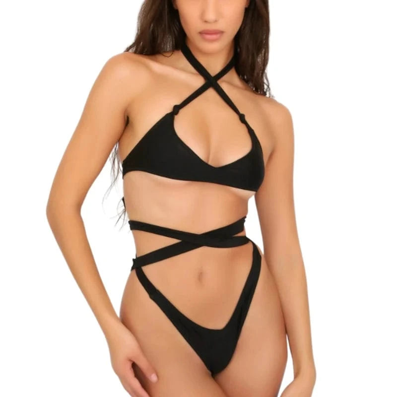 Maillot de bain femme bikini noir sexy avec bretelles croisées, coupe moderne et élégante.