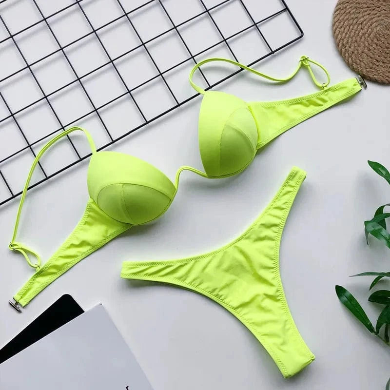 Maillot de bain bikini push-up jaune fluo pour femme, idéal pour un style estival tendance.