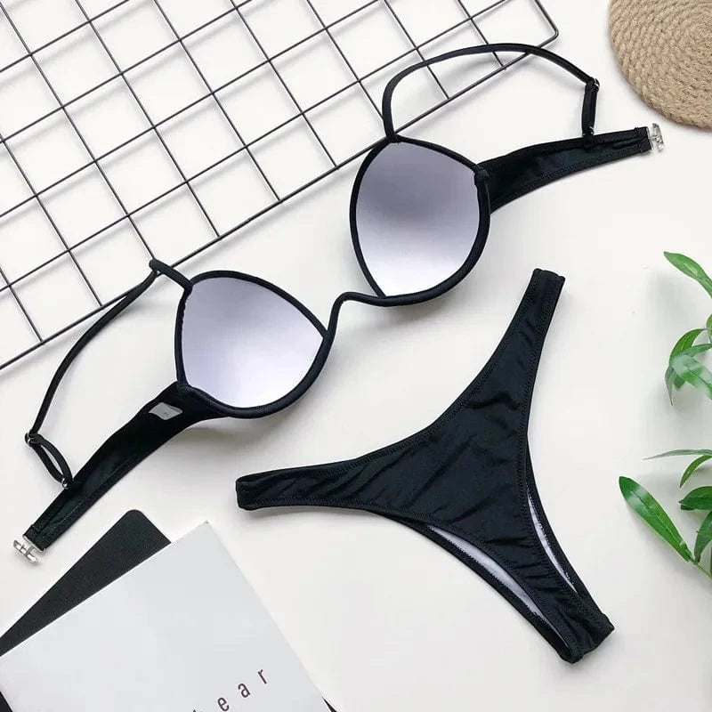 Maillot de bain femme bikini noir élégant avec soutien-gorge push-up, parfait pour l'été.