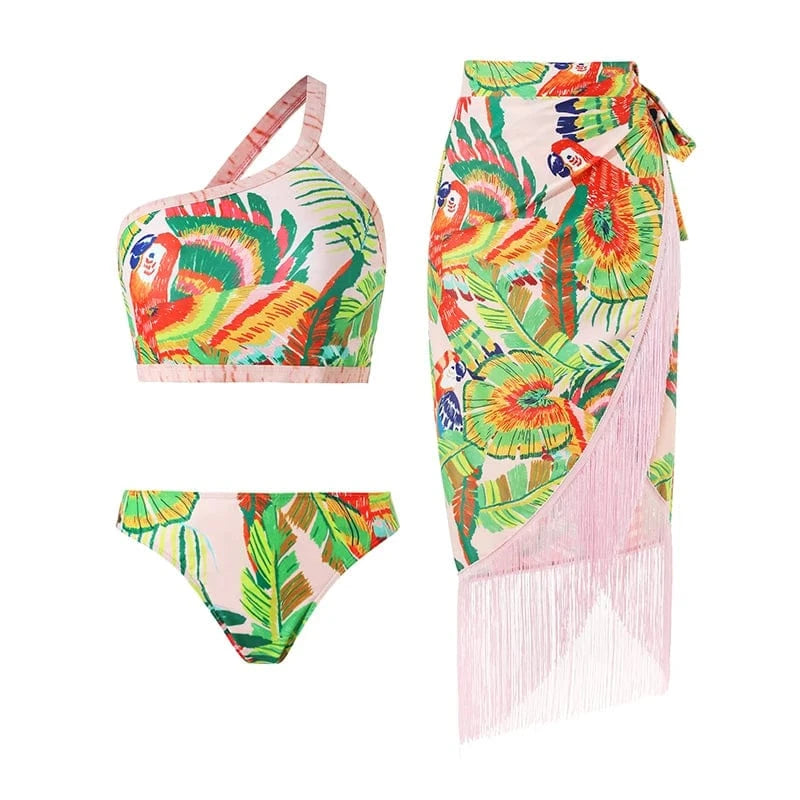 Maillot de bain coloré motif perroquet, deux pièces avec paréo assorti élégant pour femme.