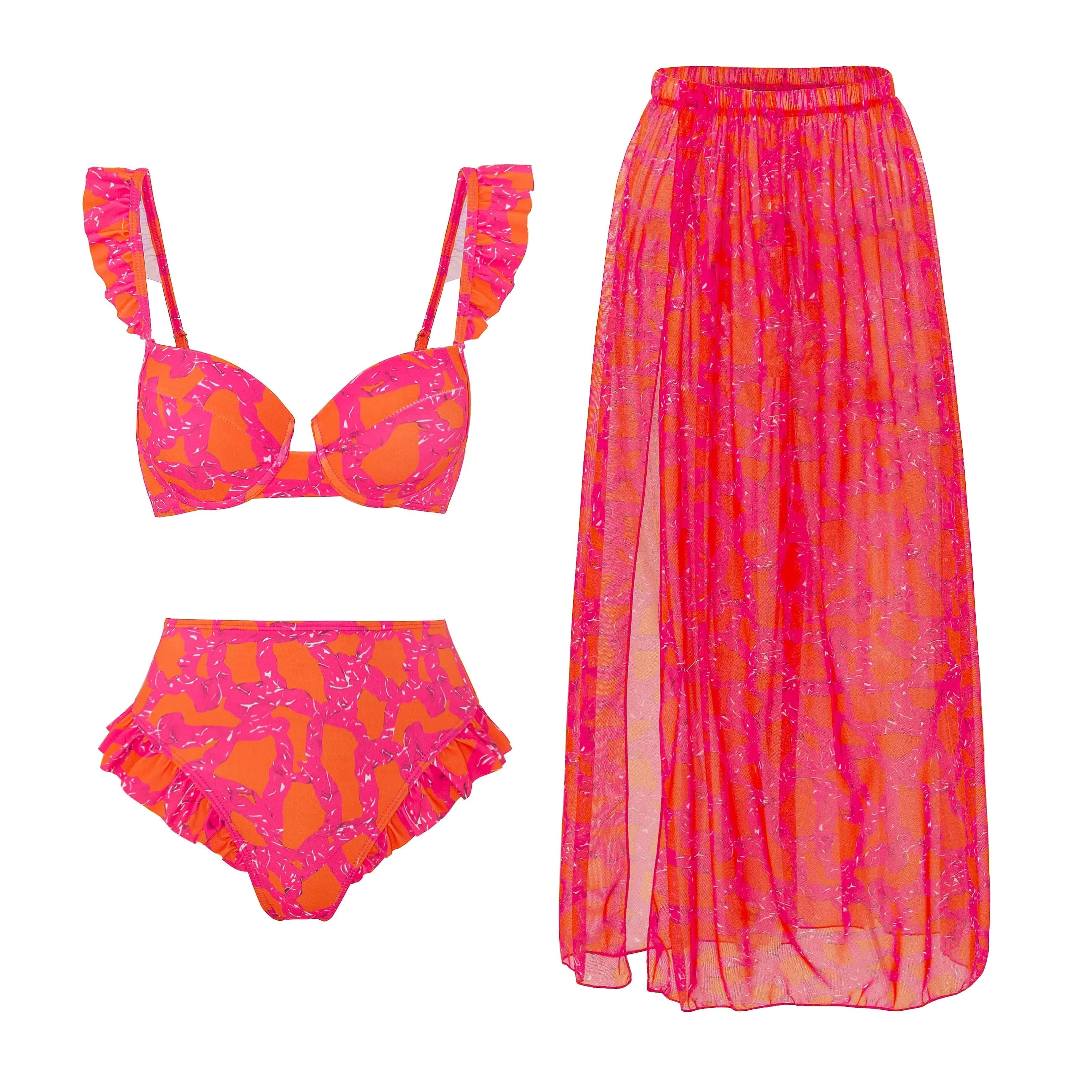 Maillot de bain deux pièces à motif floral orange et rose avec jupe assortie pour femme.