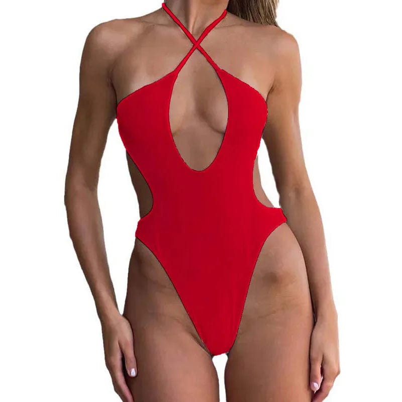 Maillot de bain rouge femme échancré 1 pièce, design élégant et sensuel pour l'été.