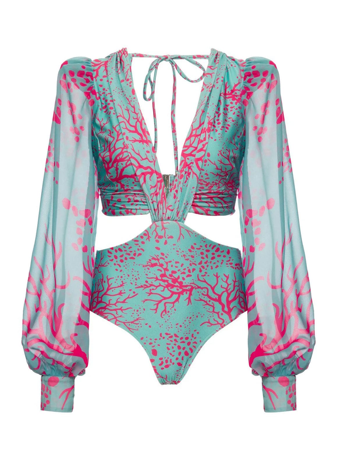 Maillot de bain femme à manches longues avec imprimé corail rose et turquoise élégant.
