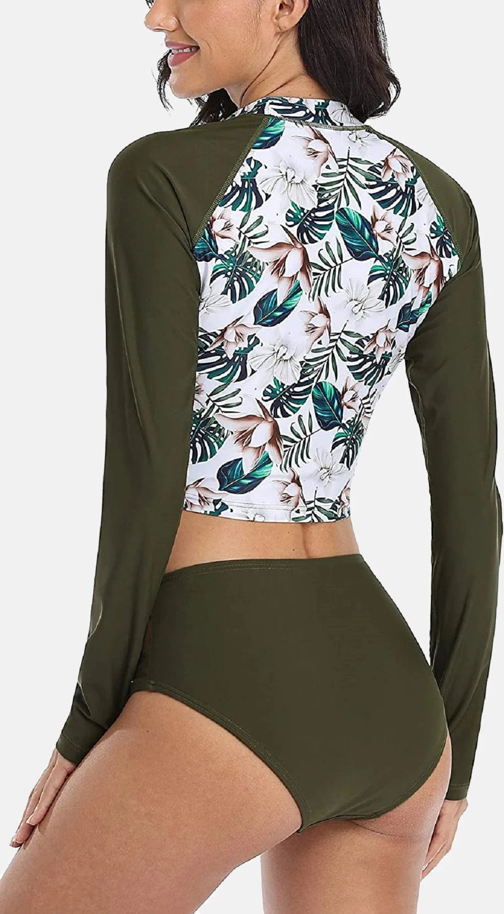 Maillot de bain femme à manches longues, motif floral tropical, bas uni kaki, vue arrière stylée.