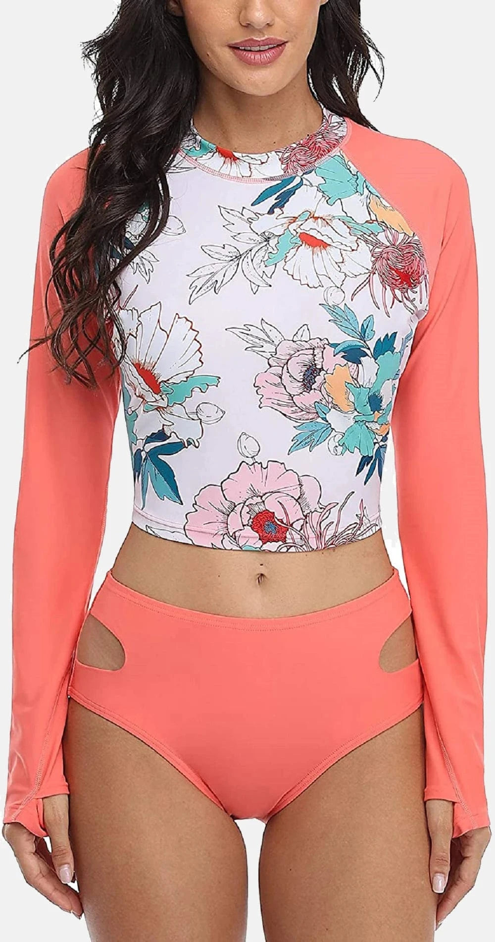 Maillot de bain femme à manches longues avec motif floral coloré, style moderne et élégant.