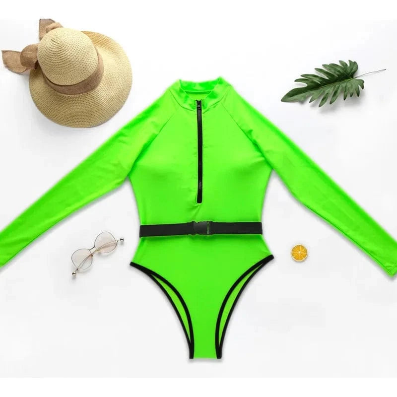 Maillot de bain une pièce vert fluo à manches longues avec ceinture, idéal pour l'été tendance.