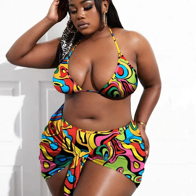 Maillot de bain triangle femme, coloré avec imprimé abstrait vibrant et moderne, style unique.