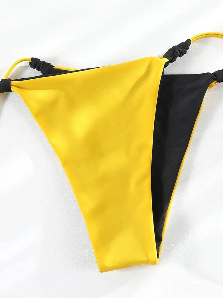 Maillot de bain deux pièces femme jaune et noir, style triangle moderne et allure séduisante.