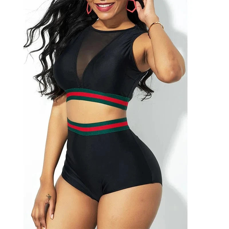 Maillot de bain femme noir taille haute, élégant avec des bandes décoratives rouges et vertes.