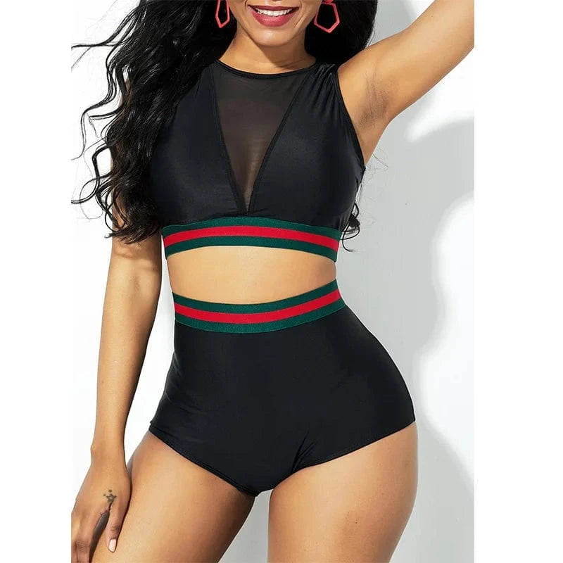 Maillot de bain femme deux pièces noir taille haute avec bandes colorées sur fond blanc.