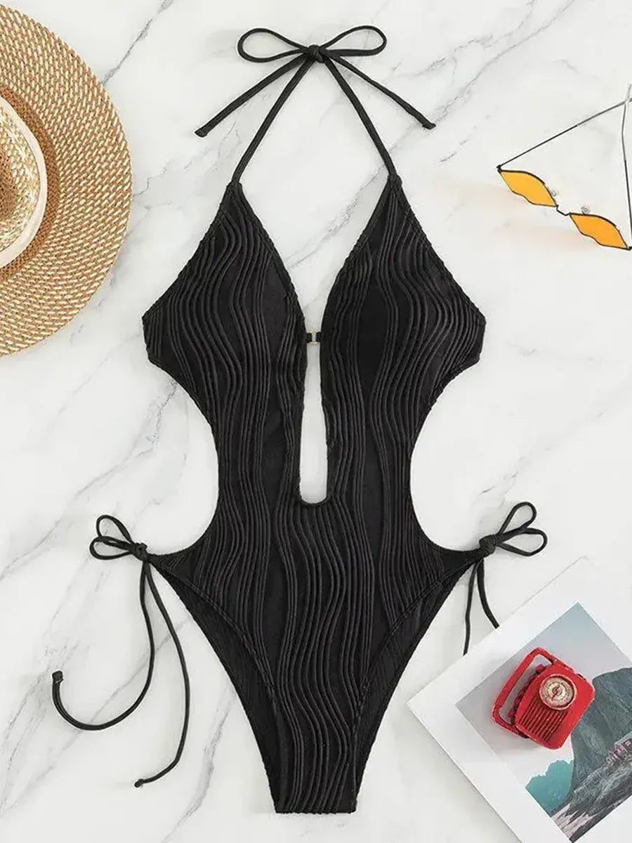 Maillot de bain une pièce femme sexy – Col en V à nouer derrière le cou, dos nu, effet plissé, coupe haute sur les jambes, style monokini.